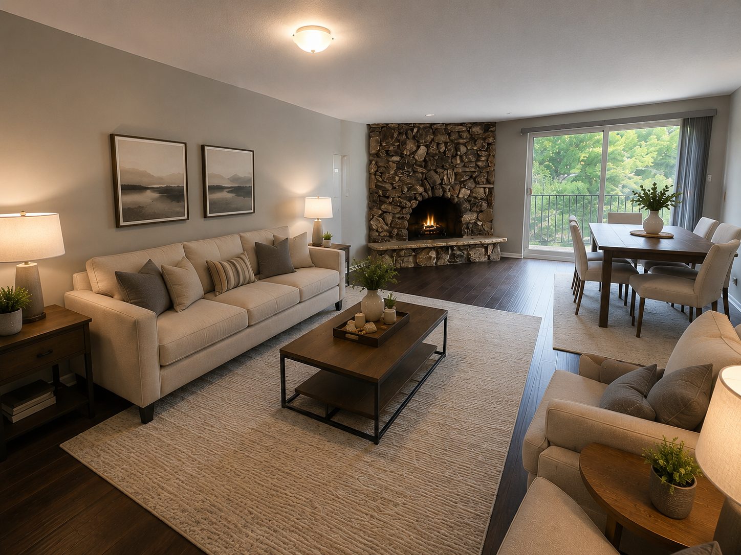 Virtually staged living and dining room with stone fireplace in a Lake Forest, IL townhome for rent.